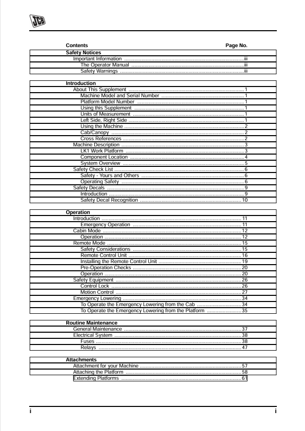 JCB LK1 Work Platform Motion Control Supplement Manual PDF