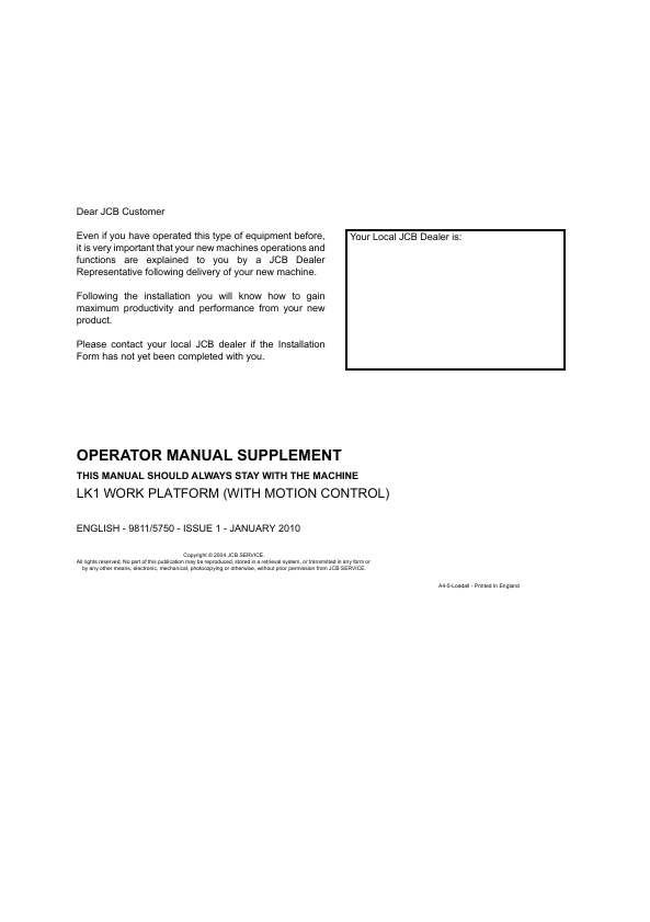 JCB LK1 Work Platform Motion Control Supplement Operator Manual PDF