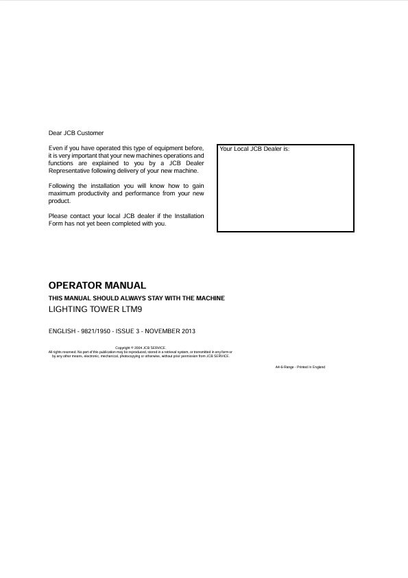 JCB Lighting Tower LTM9 Operator Manual PDF