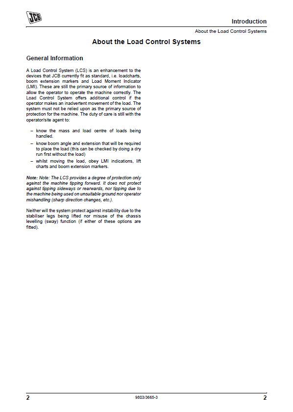 JCB Load Control (Supplement) Troubleshooting & Inspection Service
