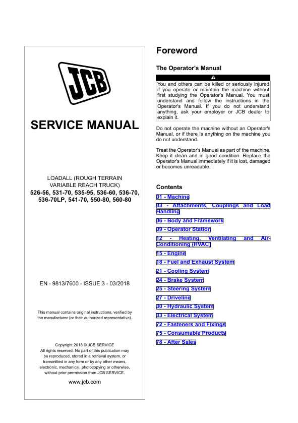 JCB Loadall 526-56 to 560-80 Service Manual PDF