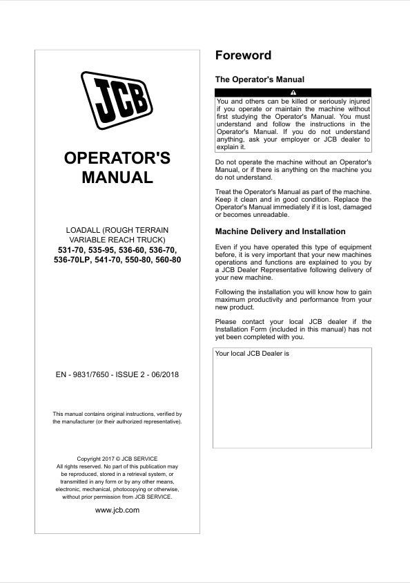 JCB Loadall 531-70, 535-95 & 536-70 Operator Manual PDF