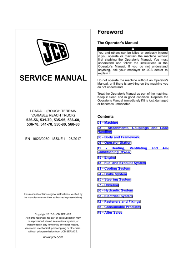JCB Loadall Service Manual PDF – 526-56 to 560-80 Models
