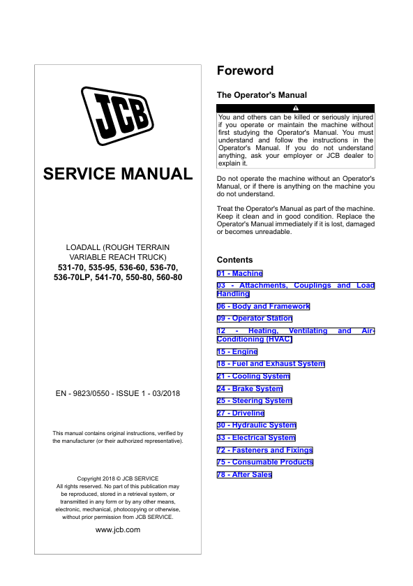 JCB Loadall Service Manual PDF – 531-70 to 560-80 Models