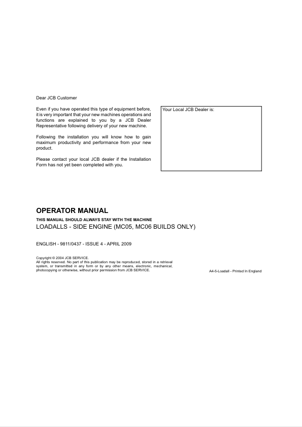 JCB Loadalls MC05 MC06 Side Engine Operator Manual PDF