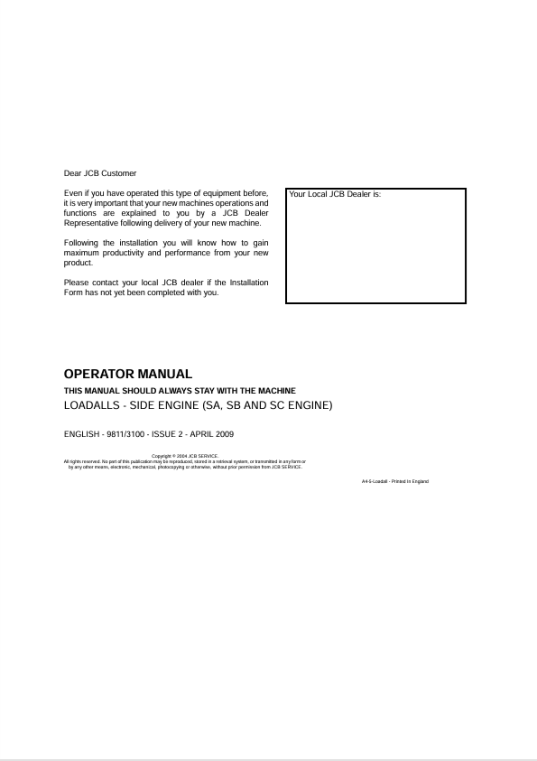 JCB Loadalls Side Engine SA, SB & SC Operator Manual 