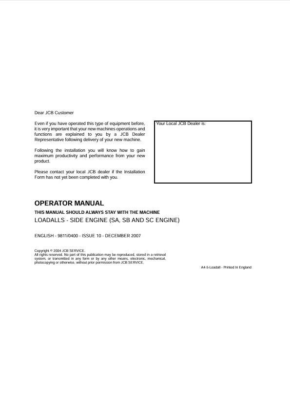 JCB Loadalls Side Engine SA SB SC Operator Manual PDF