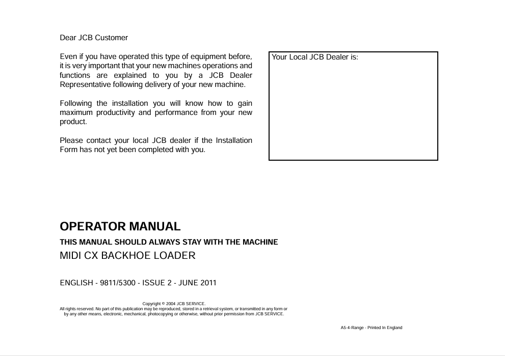 JCB Midi CX Backhoe Loader Operator Manual 