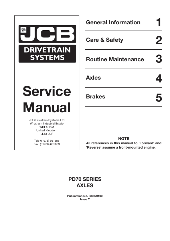 JCB PD70 Series Axle Drivetrain System Service Manual PDF