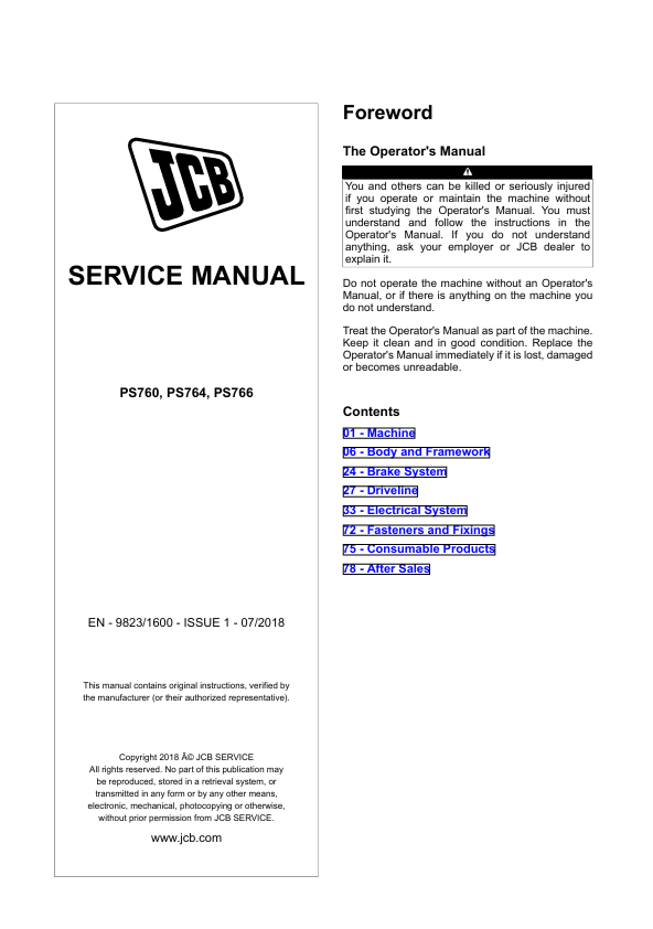 JCB PS760, PS764, PS766 Service Manual PDF – Repair Guide