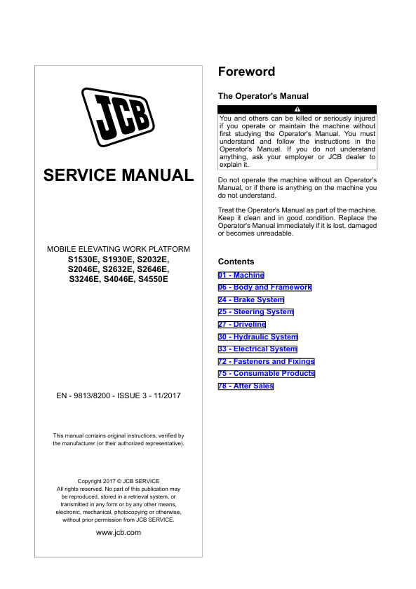JCB S1530E–S4550E Mobile Elevating Work Platform Service Manual PDF