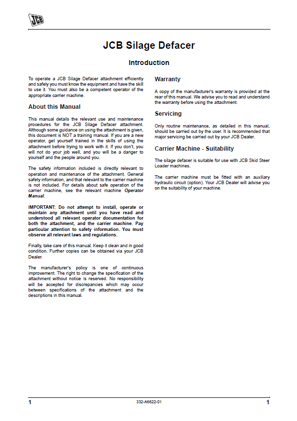 JCB Silage Defacer Operator Instructions and Manual PDF