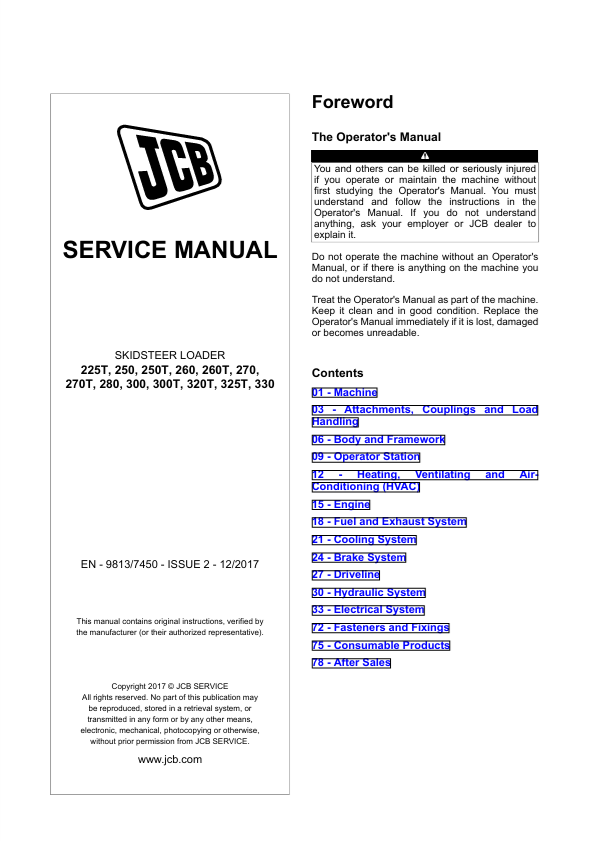 JCB Skid Steer Loader 225T–330 Service Manual PDF Download