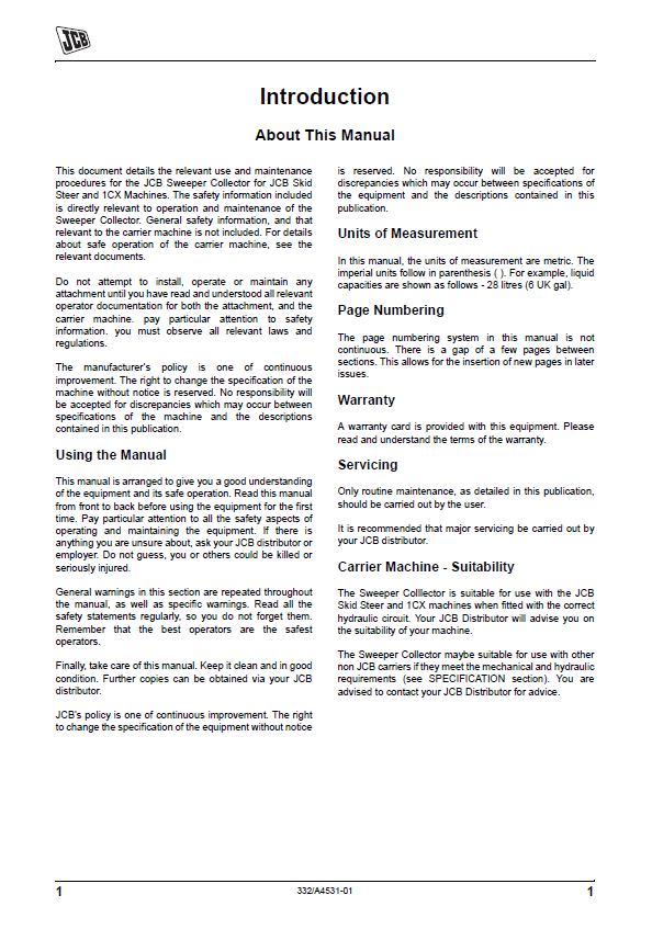 JCB Sweeper Collector Maintenance & Operator Manual