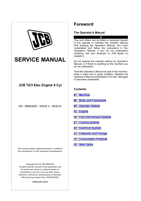 JCB T2/3 Electric Engine 6 Cylinder Service and Repair