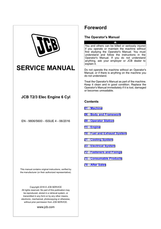 JCB T2/3 Electric Engine 6 Cylinder Service and Repair