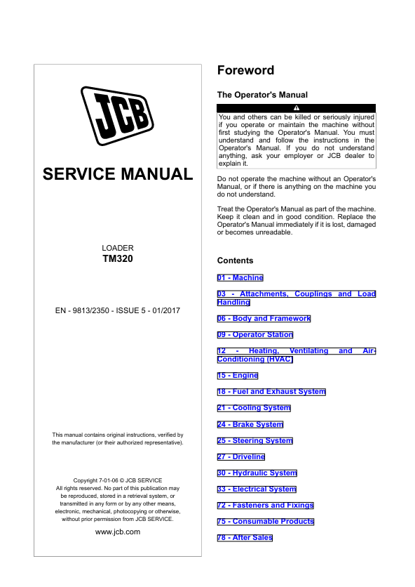 JCB TM320 Loader Service Manual PDF Download