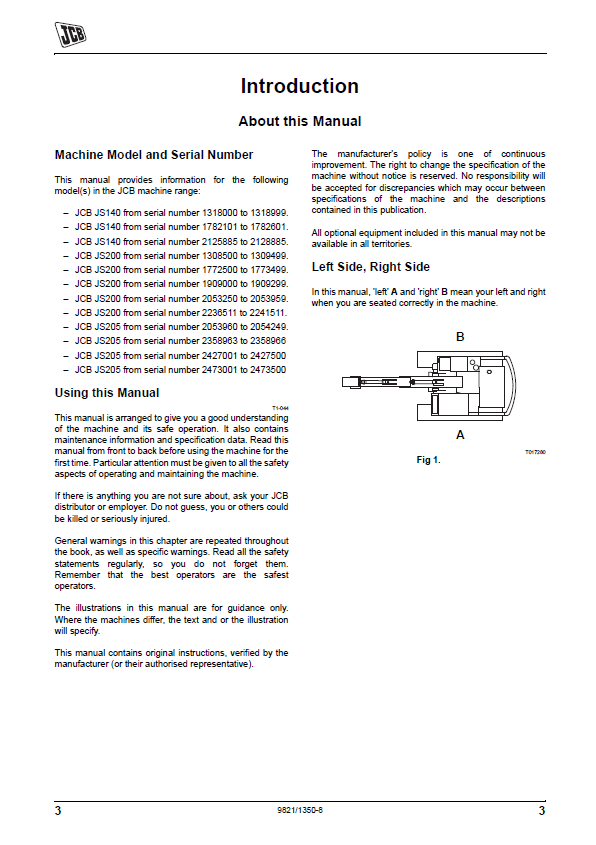 JCB Tracked Excavator JS200 JS140 JS205 User & Operator Manual