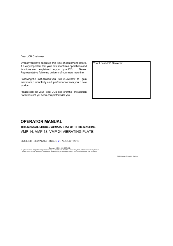 JCB VMP 14, VMP 18, VMP 24 Vibrating Plate Operator Manual PDF