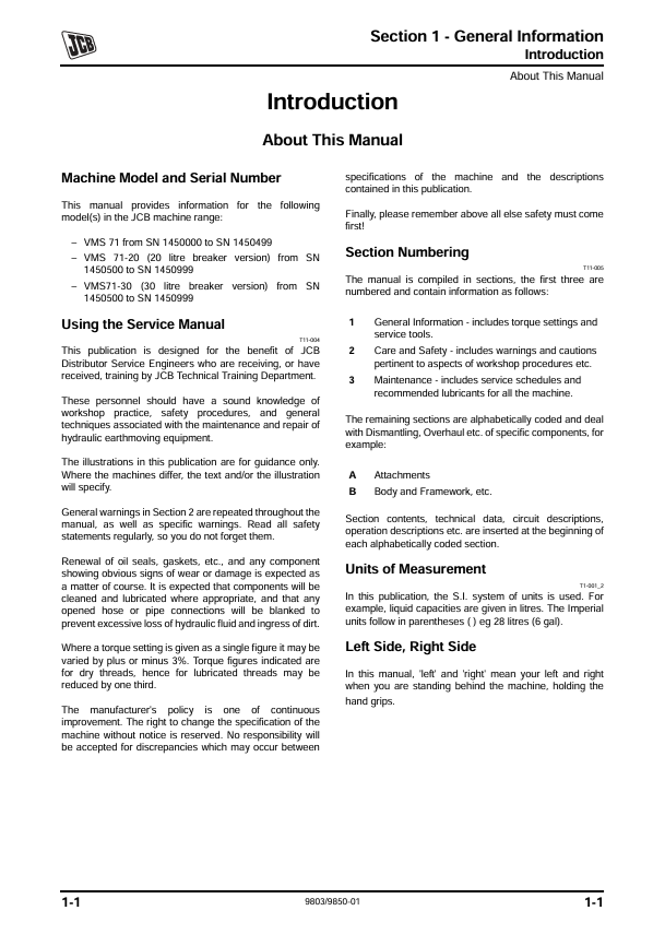 JCB VMS 71 Technical Service Manual PDF