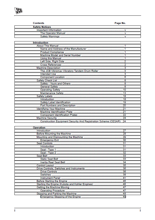 JCB VMT160 and VMT260 Tandem Roller Instruction Manual