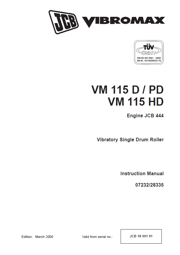 JCB VM 115 D / PD VM 115 HD Engine 444 Vibratory Roller Manual PDF
