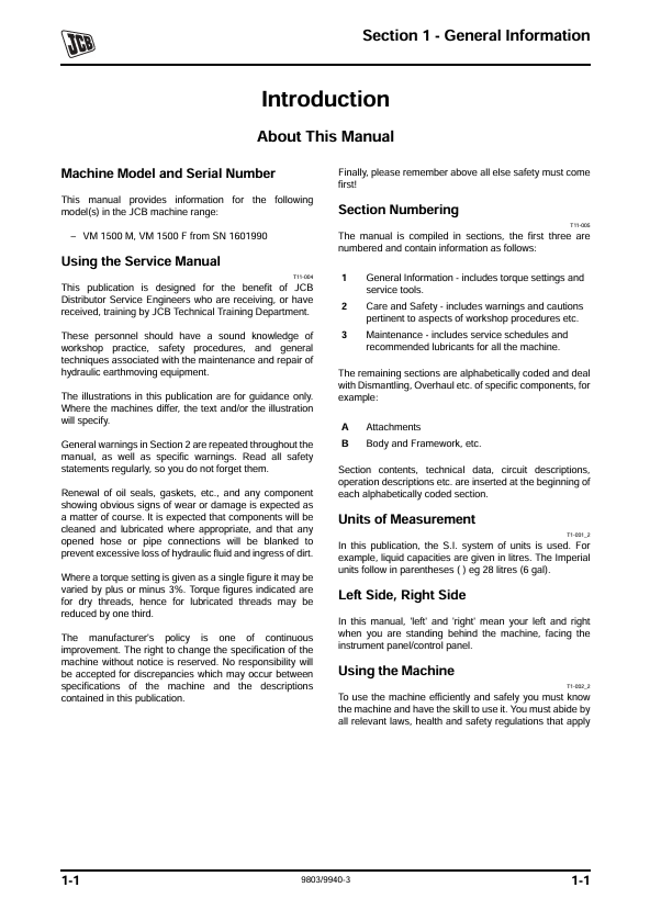 JCB VM 1500 Technical Service Manual PDF