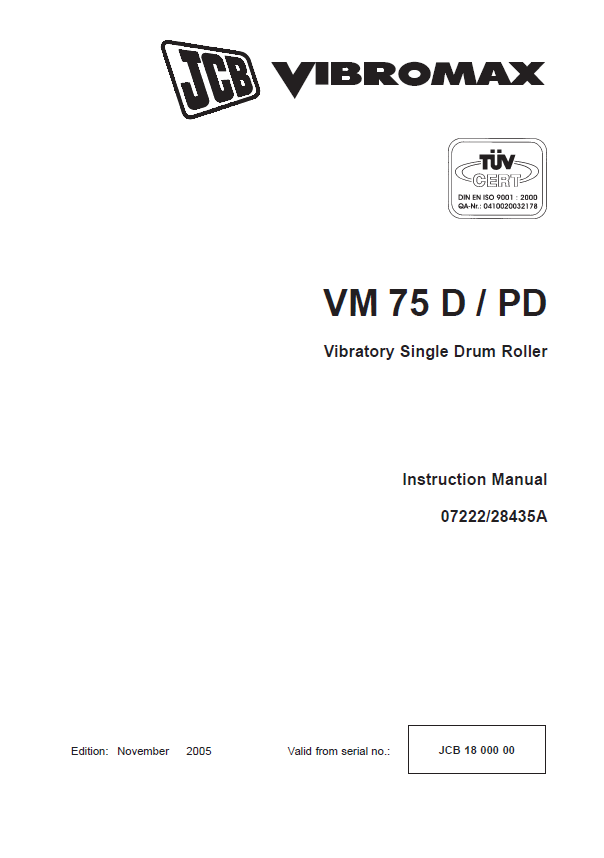 JCB VM 75 D / PD Vibratory Single Drum Roller Instruction Manual PDF