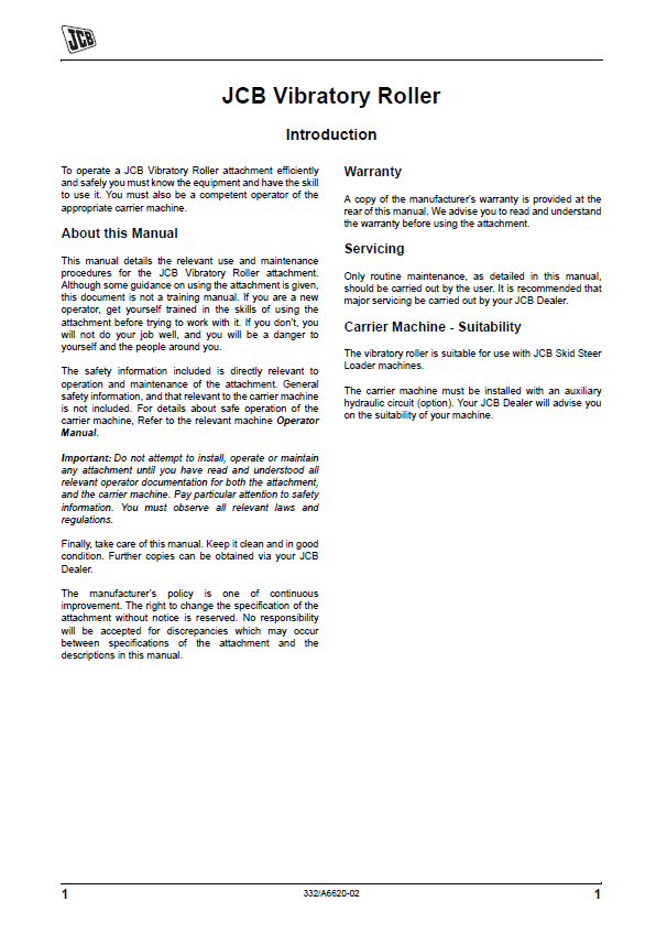 JCB Vibratory Roller User Manual and Safety Guide