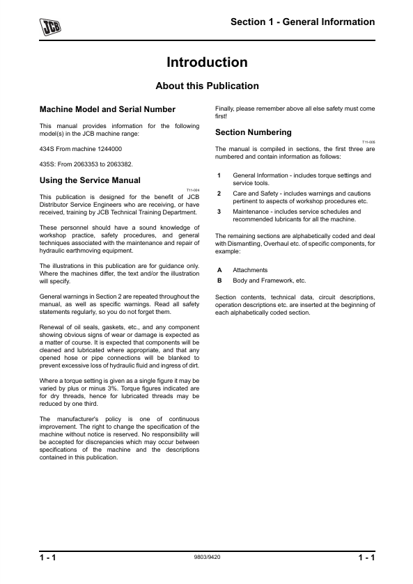 JCB Wheeled Loading Shovel 434S/435S Maintenance Manual PDF