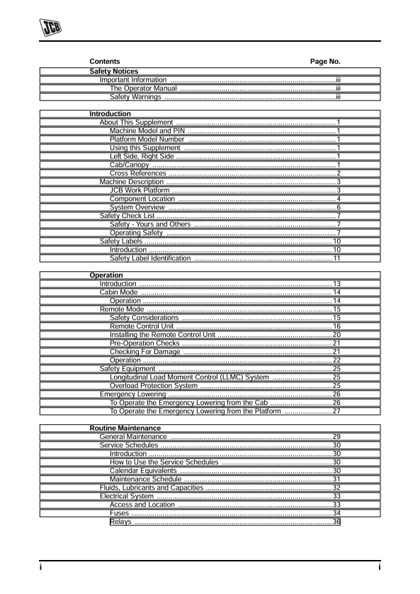 JCB Work Platform Supplement Operator Manual PDF
