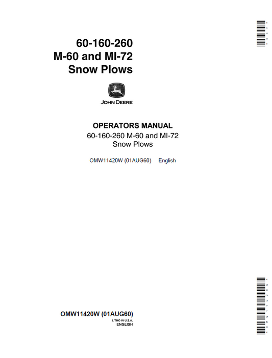 JOHN DEERE 60,160,260, M-60 AND MI-72 SNOW PLOWS OPERATOR MANUAL OMW11420W