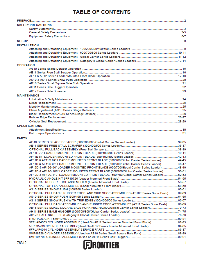 JOHN DEERE AB16, AB17, AE11, AF11, AF12, AG10, AH11, AS10, AS11 SPECIALTY LOADER ATTACHMENT OPERATOR MANUAL 5MP76312