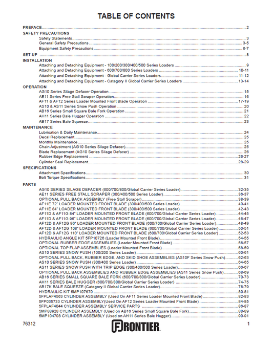 JOHN DEERE AB16, AB17, AE11, AF11, AF12, AG10, AH11, AS10, AS11 SPECIALTY LOADER ATTACHMENT OPERATOR MANUAL 5MP76312