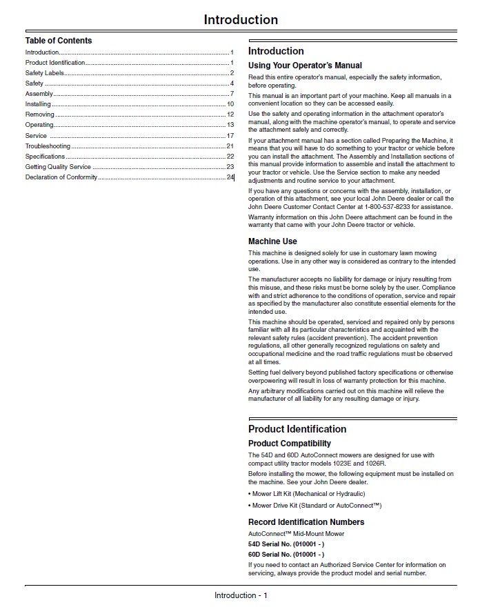 JOHN DEERE AUTOCONNECT™ MID-MOUNT MOWER 54D AND 60D OPERATOR MANUAL OMLVU25620