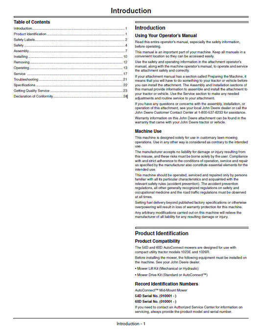 JOHN DEERE AUTOCONNECT™ MID-MOUNT MOWER 54D AND 60D OPERATOR MANUAL OMLVU25620