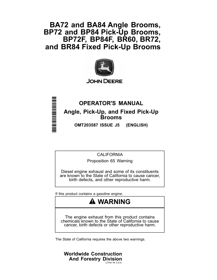 JOHN DEERE BA72, BA84, BP72, BP84, BP72F, BP84F, BR60, BR72, BR84 BROOMS OPERATOR MANUAL OMT203587