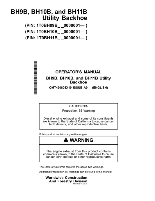 JOHN DEERE BH9B, BH10B, BH11B UTILITY BACKHOE OPERATOR MANUAL OMT420808X19