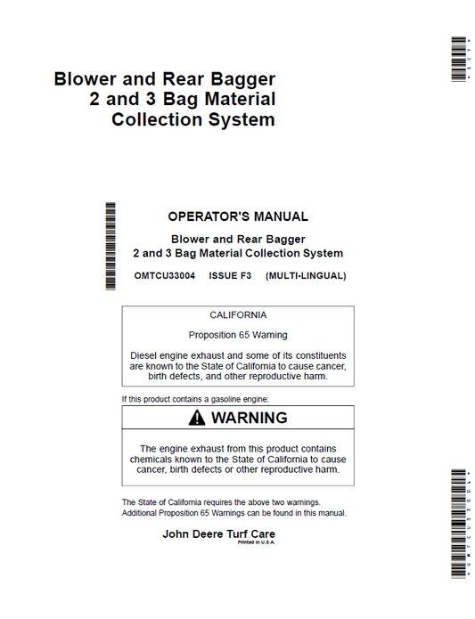 OMTCU33004 - JOHN DEERE BLOWER AND REAR BAGGER 2 AND 3 BAG MATERIAL COLLECTION SYSTEM OPERATOR MANUAL