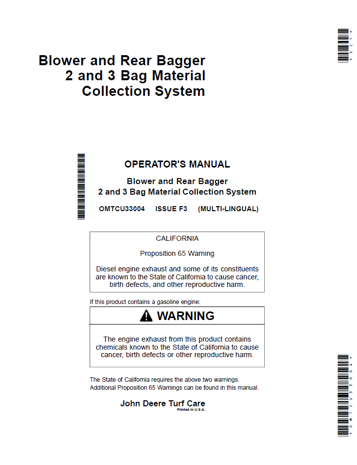 OMTCU33004 - JOHN DEERE BLOWER AND REAR BAGGER 2 AND 3 BAG MATERIAL COLLECTION SYSTEM OPERATOR MANUAL