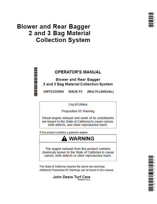 OMTCU33004 - JOHN DEERE BLOWER AND REAR BAGGER 2 AND 3 BAG MATERIAL COLLECTION SYSTEM OPERATOR MANUAL