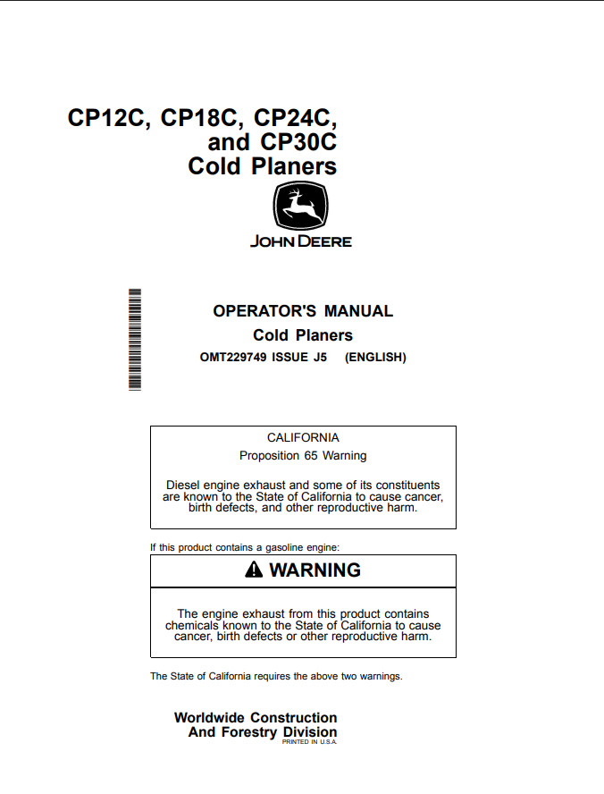 JOHN DEERE CP12C, CP18C, CP24C, CP30C COLD PLANER OPERATOR MANUAL OMT229749