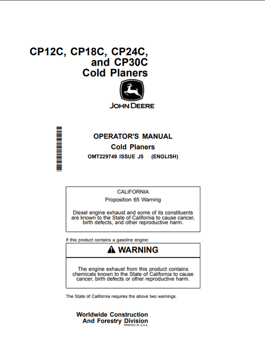 JOHN DEERE CP12C, CP18C, CP24C, CP30C COLD PLANER OPERATOR MANUAL OMT229749