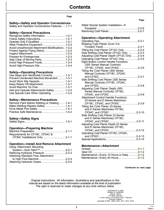 JOHN DEERE CP12C, CP18C, CP24C, CP30C COLD PLANER OPERATOR MANUAL OMT229749