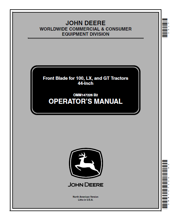 JOHN DEERE FRONT BLADE FOR 100, LX, AND GT TRACTORS 44-INCH OPERATOR MANUAL OMM147226
