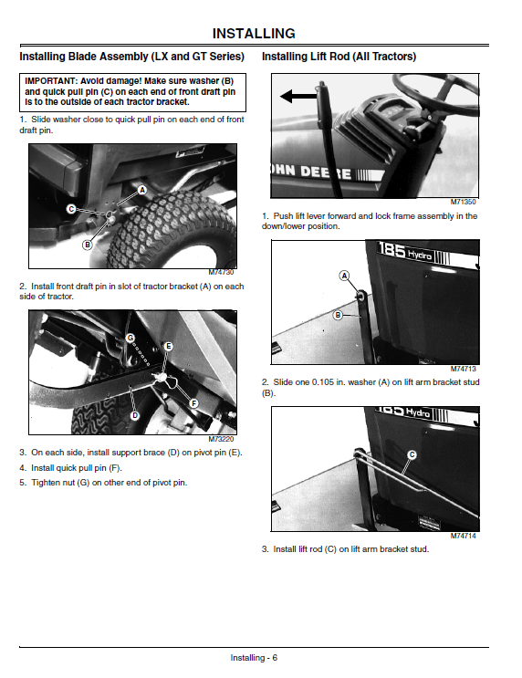 JOHN DEERE FRONT BLADE FOR 100, LX, AND GT TRACTORS 44-INCH OPERATOR MANUAL OMM147226