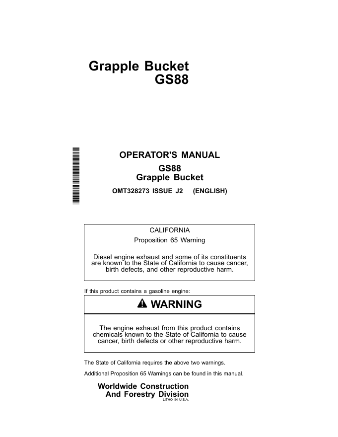 JOHN DEERE GS88 GRAPPLE BUCKET OPERATOR MANUAL OMT328273