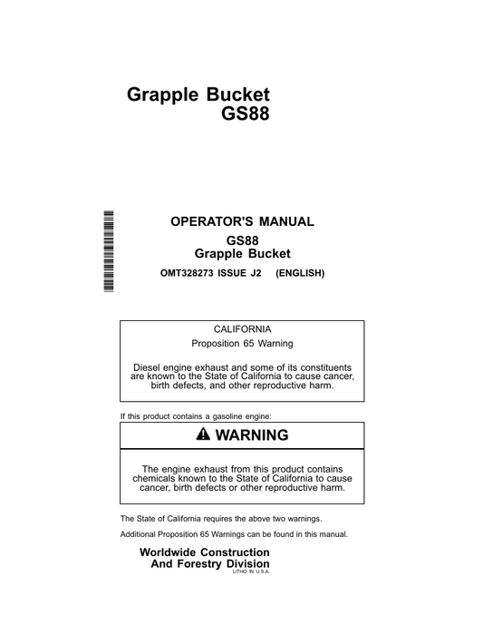 JOHN DEERE GS88 GRAPPLE BUCKET OPERATOR MANUAL OMT328273