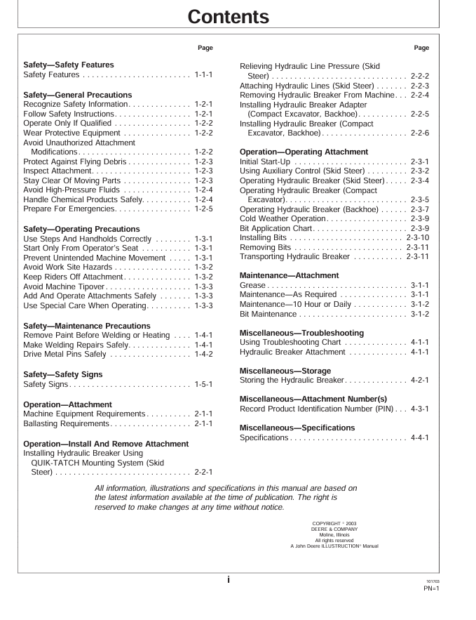 JOHN DEERE HB15, HB30, HB50, HB75, HB100 SERIES II HYDRAULIC BREAKER OPERATOR MANUAL OMT204104