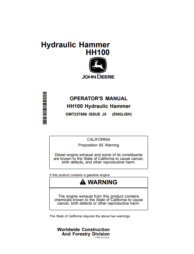 JOHN DEERE HH100 HYDRAULIC HAMMER OPERATOR MANUAL OMT237886